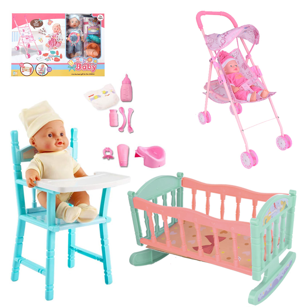 Baby Doll Play Set with Stroller, Rocking Cradle, and High Chair