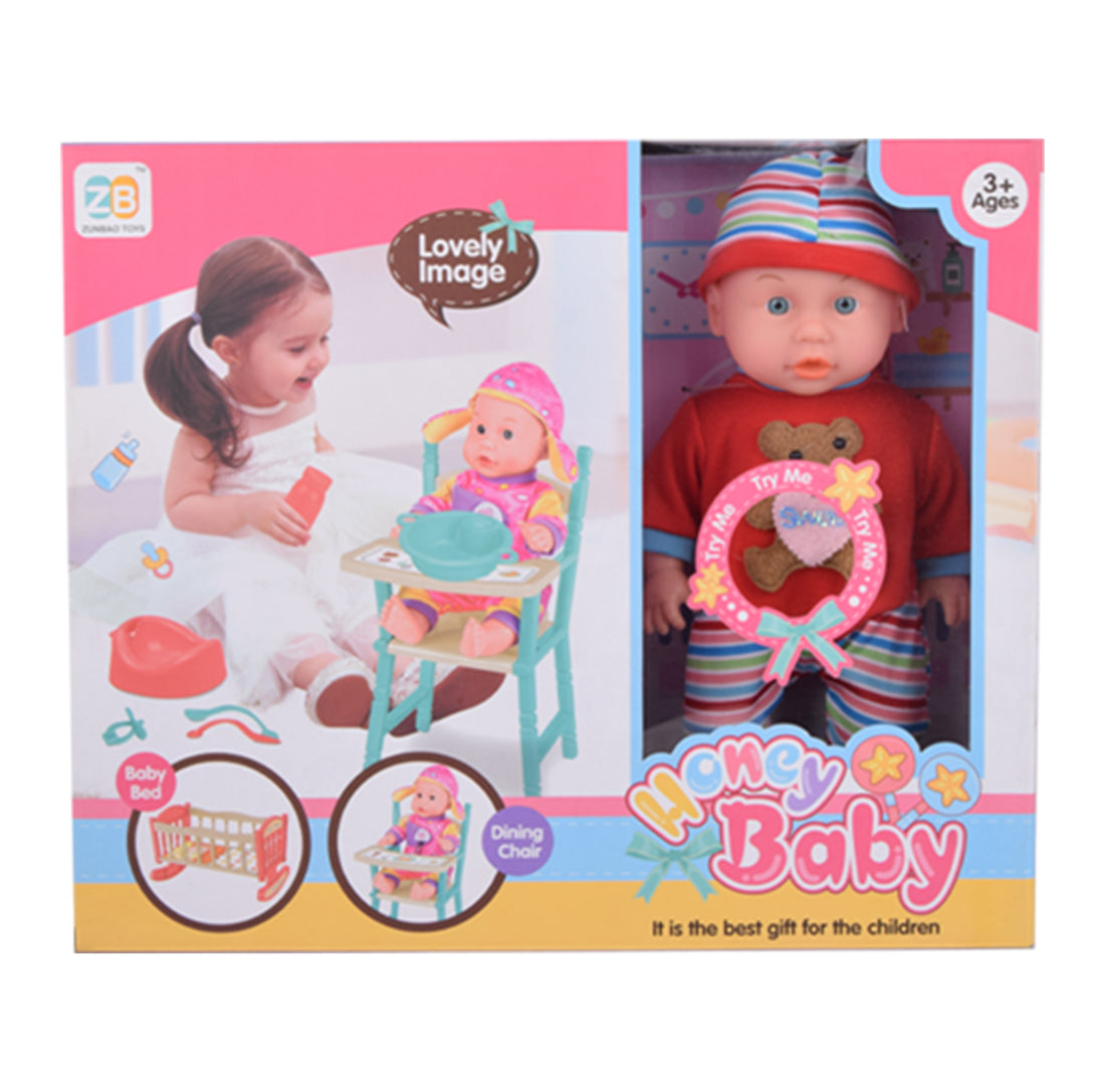 Doll with Cradle and High Chair Set