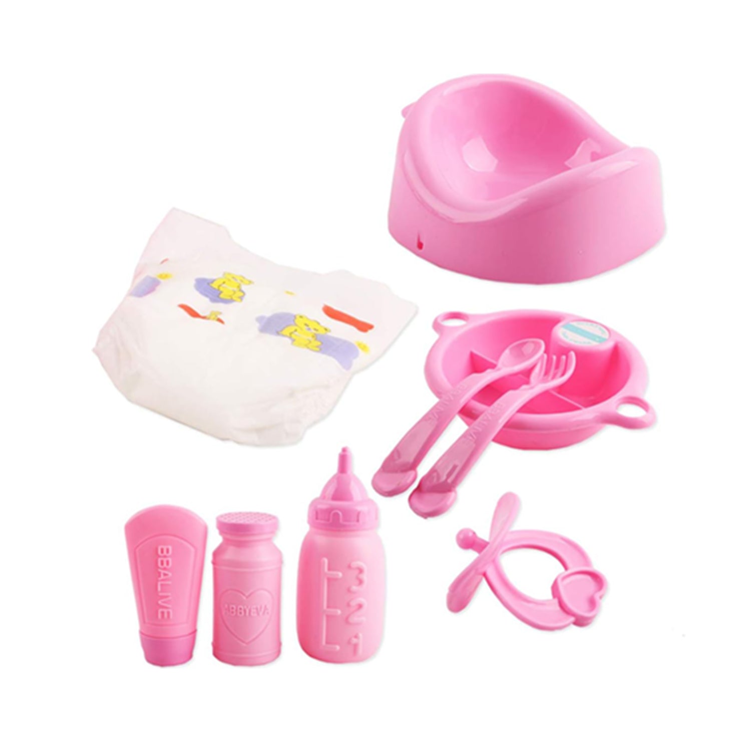 Doll with Cradle and High Chair Set