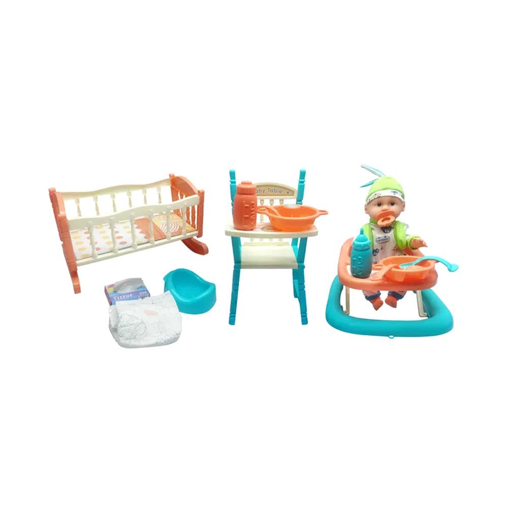 Honey Baby Doll Play Set with Accessories – Bed, Walker, and High Chair