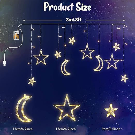 Ramadan LED Curtain Lights – Crescent Moon & Star Decorative String Lights