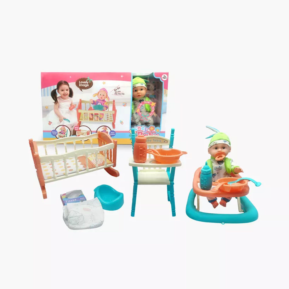 Honey Baby Doll Play Set with Accessories – Bed, Walker, and High Chair