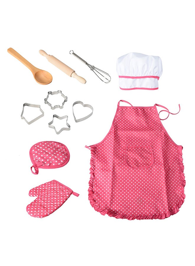 11 Piece Polka Dot Kids Kitchen Cooking Play With Apron And Chef Hat Set