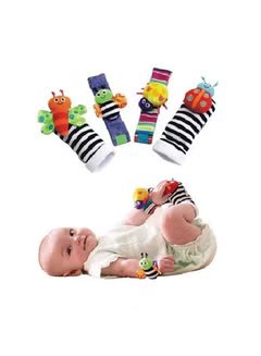 مجموعة ألعاب مكونة من 4 قطع من جوارب الرضع وخشخيشات المعصم للأطفال مصنوعة من مواد عالية الجودة