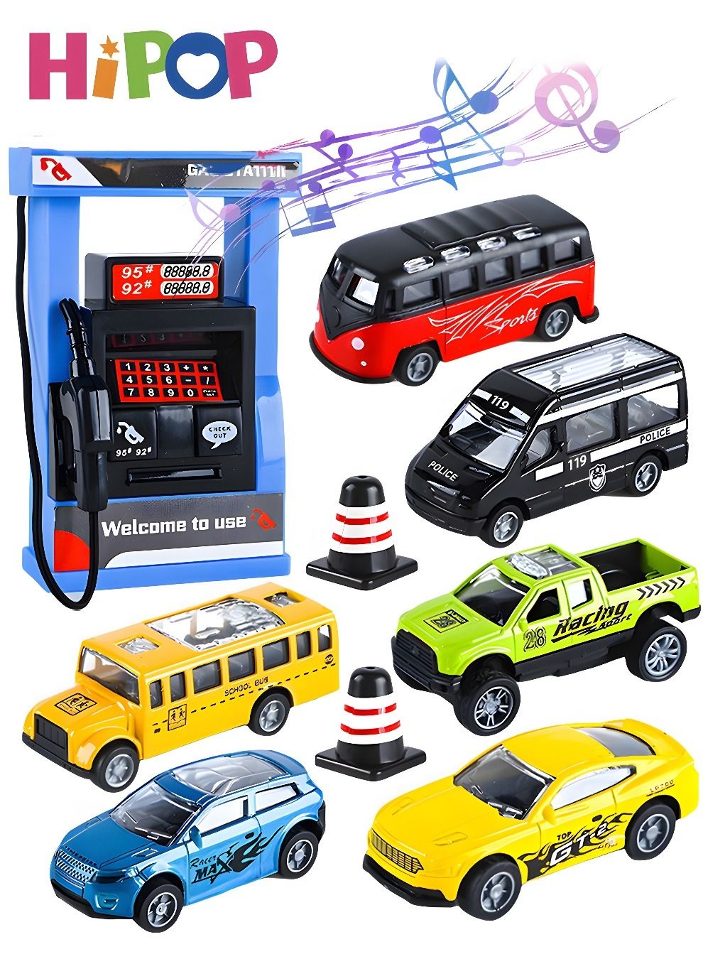 Pull Back Car Toys Set 6 Piece with Gas Station